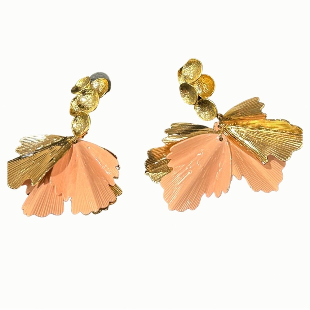 Allie Beads Hanging Earrings Peach Floral Design with Posts 2.5 inches